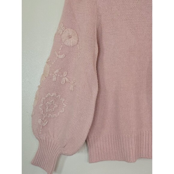 Cliche Pink Knit Sweater Womens Size XS Floral Embroidered Balloon Sleeve - Picture 4 of 9